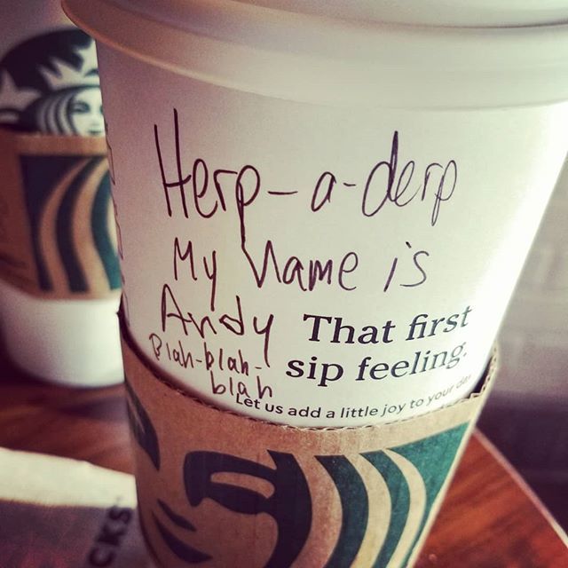 defiant_monkey's tweet photo. So I told the barista my name was Andy, and this is what she wrote. Should I sue them? #improv #DefiantMonkey https://t.co/x9QL2JvRgn