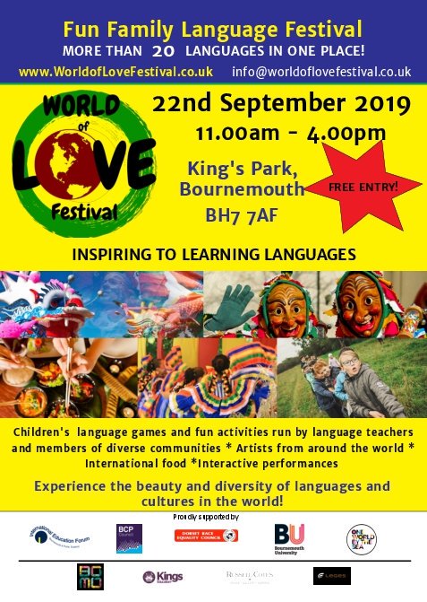 So thrilled to be supporting @worldoflovefest this year - just another great event celebrating cultural diversity in the region. Check out the flyer for details of this year's family language festival #OWBTS #bournemouth #festival #Languages #Support