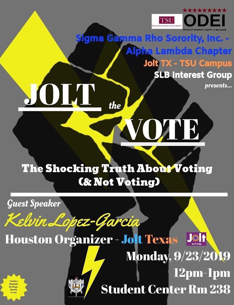 txsu_sgrho's tweet photo. Letโs get together and Jolt the Volt ! Join the Audacious Alpha Lambda in collaboration with ODEI , Jolt Tx, and SLB Interest Group in the discussion about the truths about voting and how to formulate change within your communities . @OdeiTxsu #sigmagammarho #sgrho #txsuodei https://t.co/flX4xkjicO