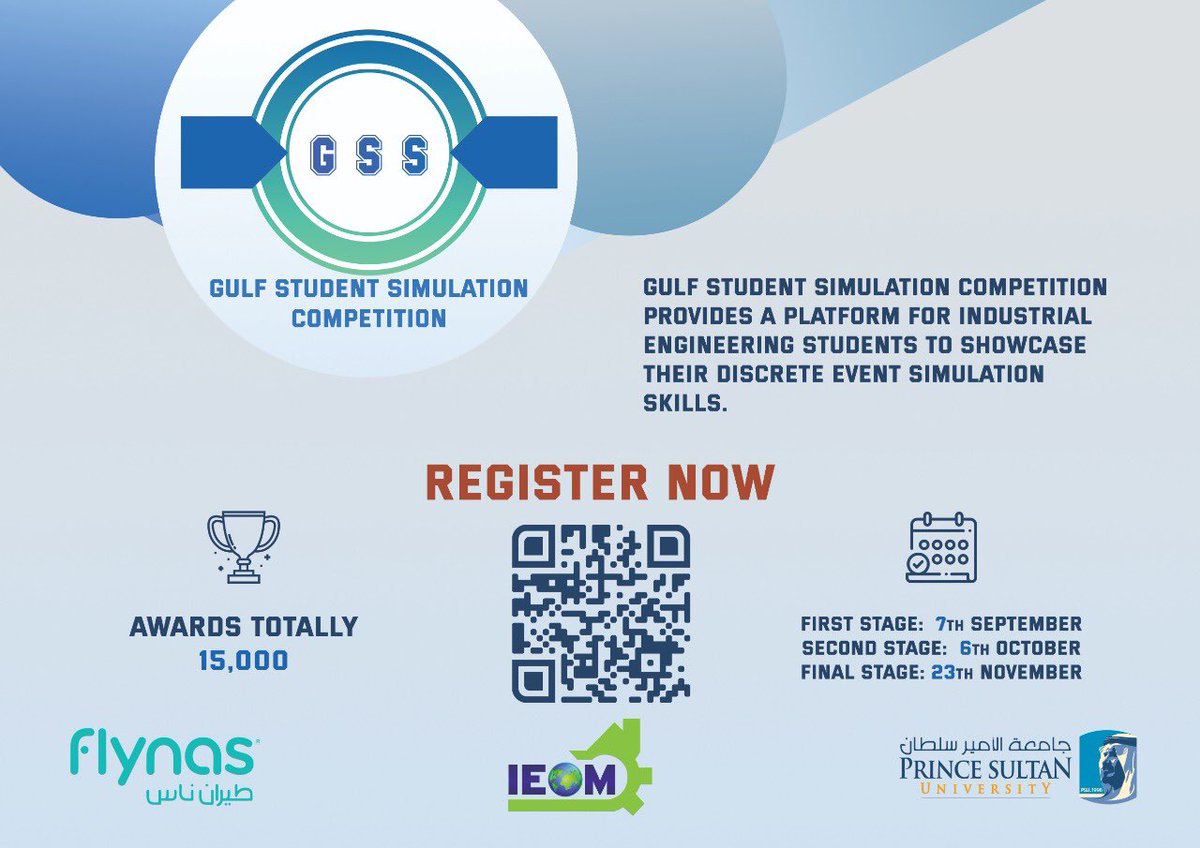IEOM_PSU's tweet photo. First simulation competition in GCC! 
If you’re an industrial engineer, this is your opportunity to participate in the analysis of aviation problems, by using industrial engineering tools! 🛫
Register now:
https://t.co/1Niolu6fhZ https://t.co/KChCzFQAe4