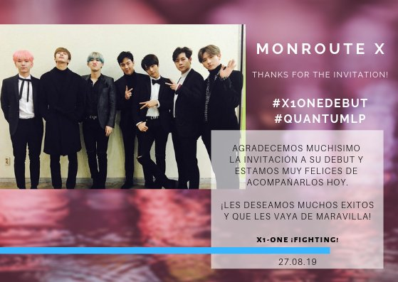monroutex's tweet photo. 270819 — 𝗠𝗢𝗡𝗥𝗢𝗨𝗧𝗘 𝗫_𝗨𝗣𝗗𝗔𝗧𝗘

#X1ONEDEBUT #QUANTUMLP

          ¡X1-ONE FIGHTING!

Es un honor para nosotros estar aquí y les deseamos mucho éxito en su presentación ¡Muchas gracias por la invitación! https://t.co/QENZnIwcEA