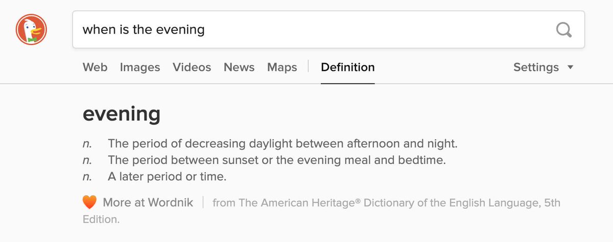 DuckDuckGo search for "when is the evening?"