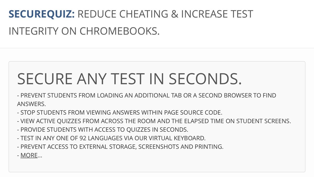 SecureQuiz's tweet photo. SecureQuiz allows you to easily take control of your Chromebook testing environment and allows teachers to archive quizzes for later use. FREE SecureQuiz Pro Demo available. #securequiz #chromebooks #1to1 #edchat #GoogleEDU #GoogleEI #curriculum #education #GoogleClassroom https://t.co/N4CcIpEFFl