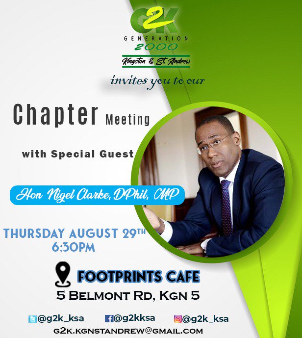 g2kjamaica's tweet photo. Our Kingston and St. Andrew Chapter will be hosting the Hon. Minister of Finance, @DrNigelClarkeJa on Thursday. Come learn about all the new initiatives that the Government is undertaking. #MoreThanJustPolitics https://t.co/ZgBaDZDD5r