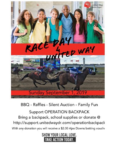 AjaxDowns's tweet photo. Support a great cause while having fun with the horses! Donate a backpack item and get a free $2 for betting! Only this Sunday at #ajaxdowns: Race for United Way Day #picovdowns #ontarioracing #quarterhorse #horses #ajax #familyfun #durhamregion #unitedway #townofajax https://t.co/dLJkPeDiAJ