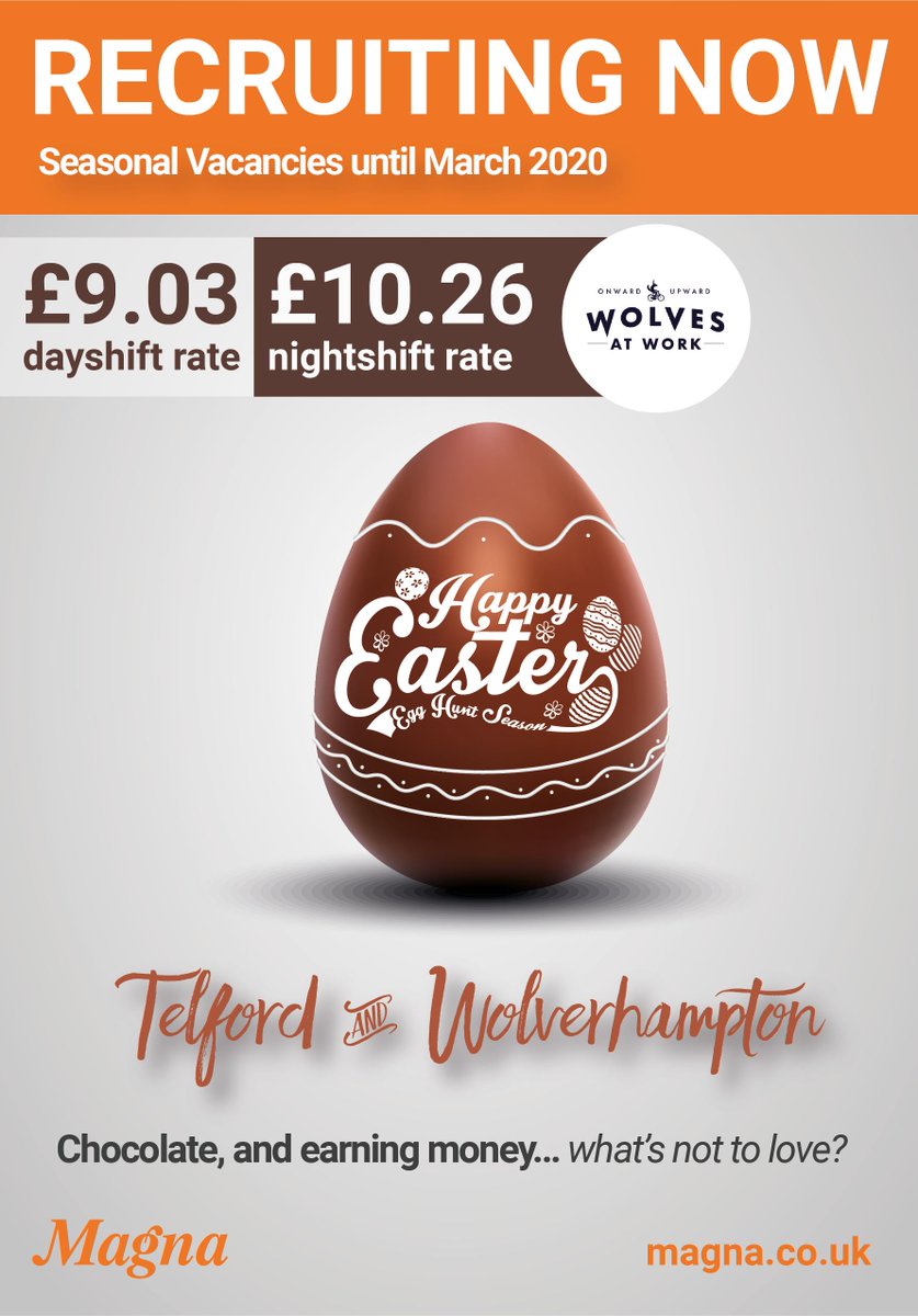 RECRUITING NOW!
We have seasonal vacancies until March 2020
£9.03 dayshift rate and £10.26 nightshift rate
Telford, Wolverhampton

magna.co.uk/seasonal

#chocolate #Telford #Wolverhampton 
#seasonal #Jobs #Employment #seasonalwork #sessional #CV #Jobcentre #Findajob #Getajob