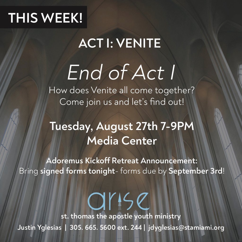 ARISE_STA's tweet photo. Don’t miss out as we wrap up Act I and an important announcement about our first retreat! 
#venite #foodfaithfellowship #retreatannouncement #bethereorbesquare #savetuesdayforJesus #ARISE #STA #SaintThomasTheApostle https://t.co/2mw3Qr4g8u
