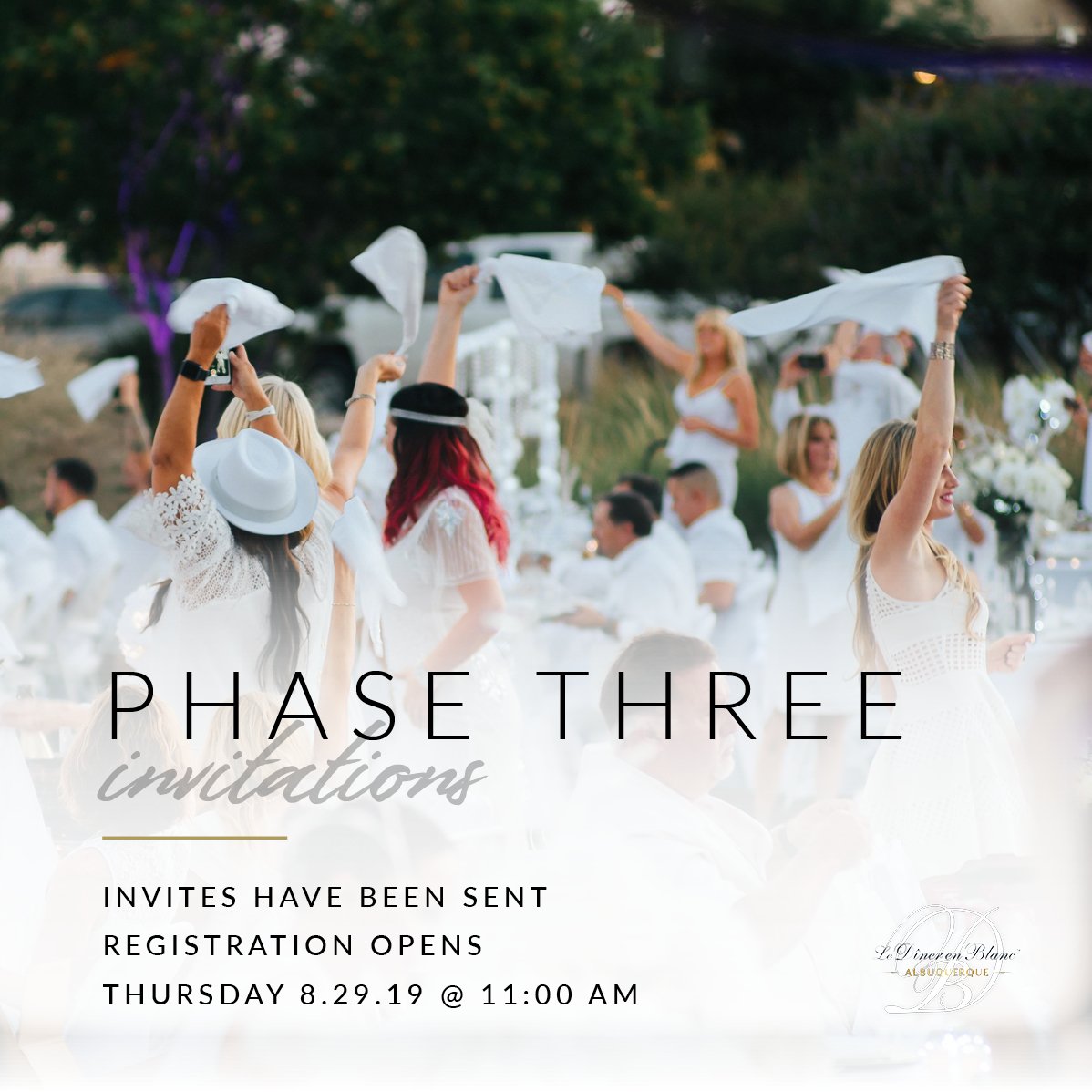 Phase THREE invitations have been sent. 

**REGISTRATION OPENS THURSDAY AT 11AM!!!**  This is the FINAL chance to register for DEB 2019!!

#dinerenblanc #DEBabq2019 #dinerenblancabq #DEBabq #areyouonthelist #DEBPhaseThree