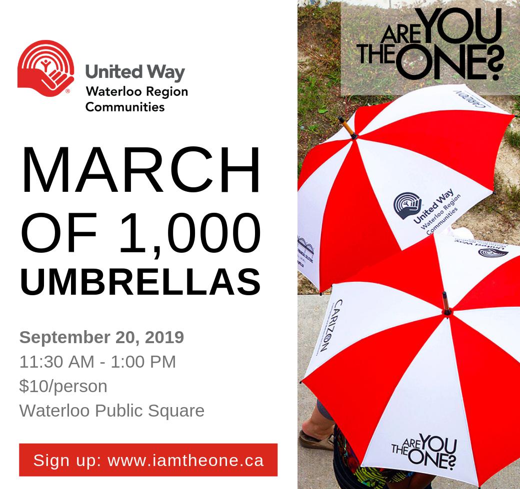 Support for <a href="/UnitedWayWRC/">United Way WRC</a> means support for 47+ local organizations working every day to build communities, empower youth, and fight poverty in Waterloo Region. I'll be showing my #locallove at the #Marchof1000Umbrellas on Sept 20th! Join today: iamtheone.ca