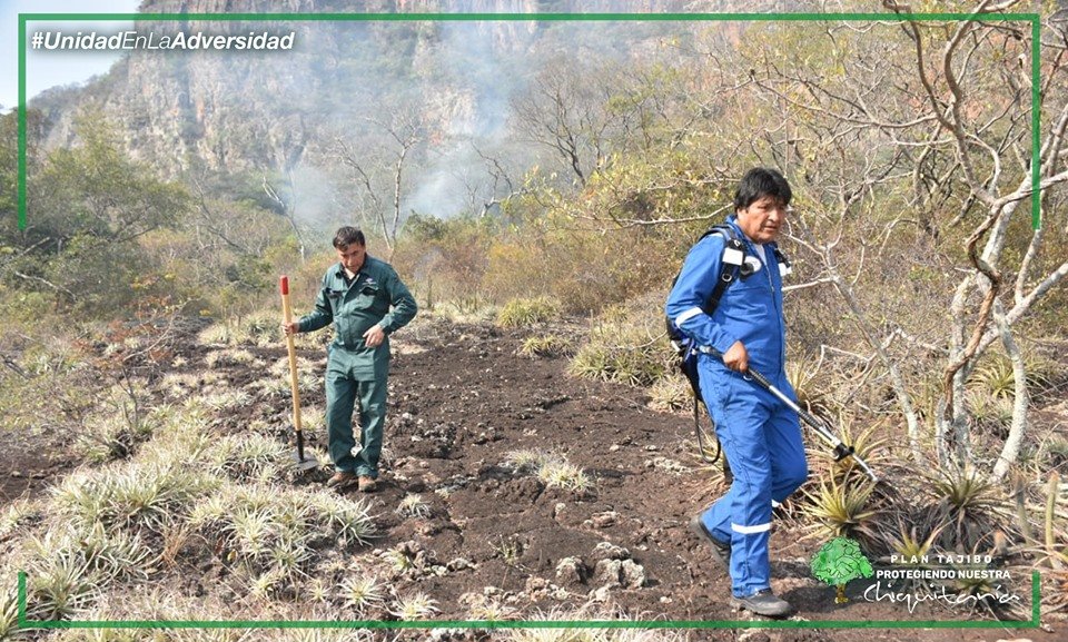 leticiadeCuba's tweet photo. La página en Facebook del Ministerio de Comunicación de Bolivia acaba de publicar estas imágenes del Presidente @evoespueblo visitando la zona del incendio forestal en la región de la Chiquitanía. Hoy el ejemplo lo da el Presidente indígena. #IncendiosAmazonas https://t.co/6jwbPuefdY