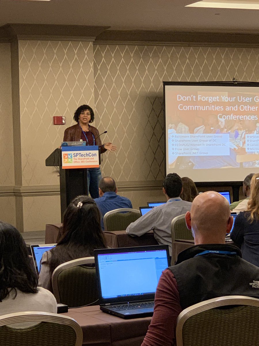 sharoneweaver's tweet image. It’s standing room only for @ladygwenavear at #SPTechCon. Learning about O365 groups and @MicrosoftTeams!
