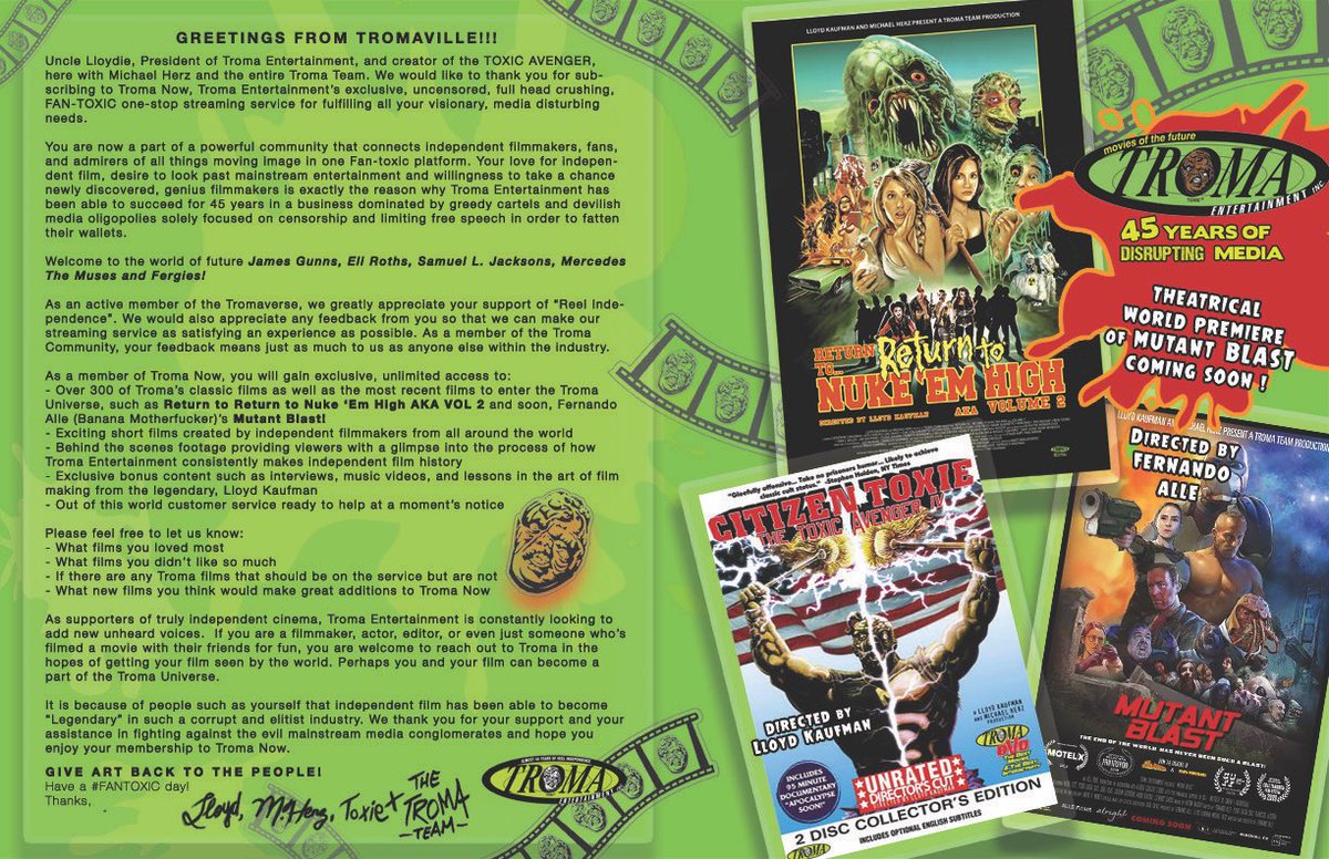 lloydkaufman's tweet photo. To our #FANTOXIC Troma NOW Subscribers, Thank you for your continued support of REEL INDEPENDENCE!!! Please read this special letter to from me, Michael Herz, Toxie, &amp; the Troma Team!!!!! https://t.co/9mW43iNX7G