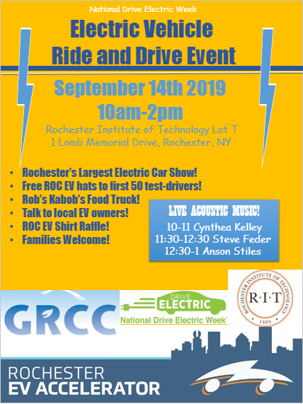 Join us Saturday September 14th from 10am-2pm at <a href="/RITtigers/">RIT</a> for National Drive Electric Week's Electric Vehicle Ride and Drive event. Test-drive an electric vehicle, enjoy some live music, and learn more about electric vehicles! <a href="/GreaterRocCC/">GR Clean Cities</a> <a href="/RochesterEVs/">ROC EV Accelerator</a> @NatDriveElecWk