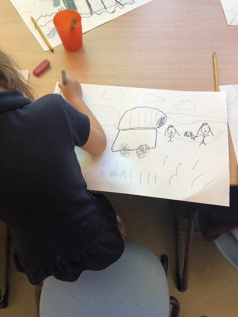 jpromorgan's tweet image. These make me so happy! #lifelongago #coveredwagons #landscapes #WCSArt #funwithfirst #firstgrade @westlakecharter #artintegration