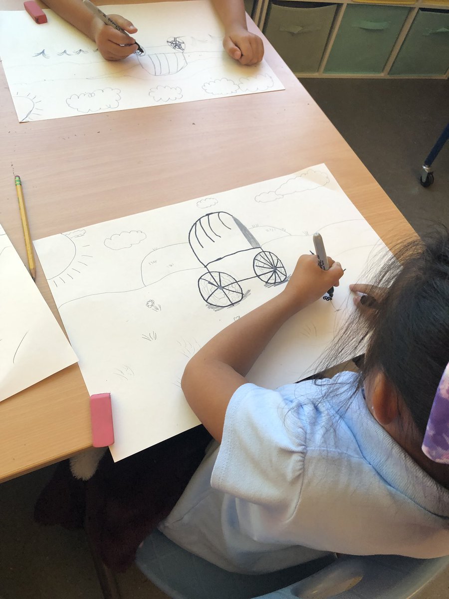 jpromorgan's tweet image. These make me so happy! #lifelongago #coveredwagons #landscapes #WCSArt #funwithfirst #firstgrade @westlakecharter #artintegration