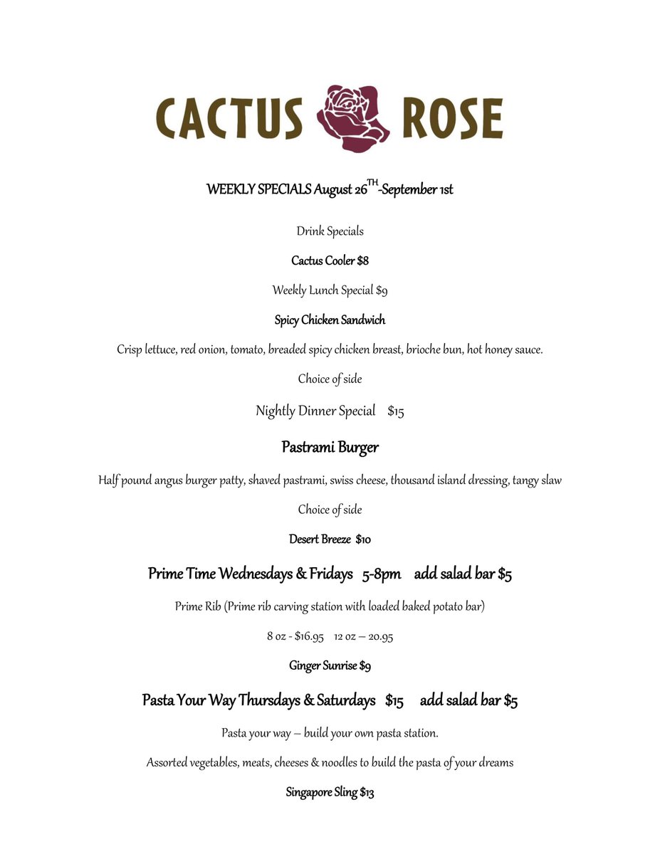 DoubleTreeTUC's tweet image. Feeling hungry? This week&apos;s brand new specials are being served at the Cactus Rose. Stop by for your next meal!