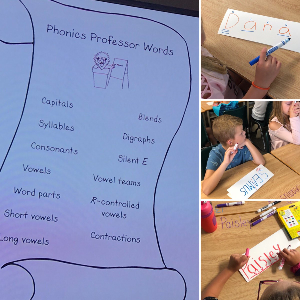 kirossetter's tweet photo. Kicked off phonics with @tinanel28 3rd graders by having students dissect their names using Phonics Professor chart! Great informal assessment to see what your students know!  #tcrwp #SOELiteracy #Essential5 #Essential9 https://t.co/4jHHiG9OGj