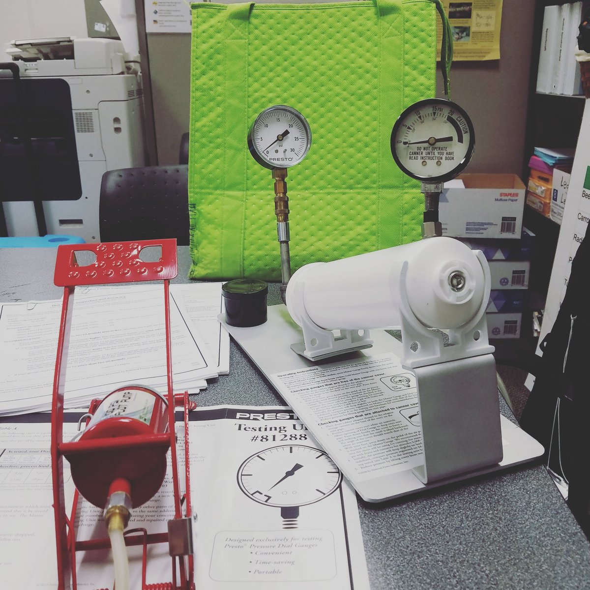 Just a normal day at work, testing pressure canner gauges. Did you know you should have your gauge checked annually? Your county extension office may be able to do this for you.