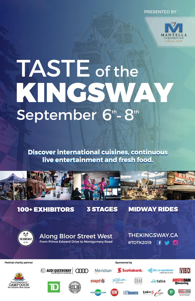 Please RT! Taste of the Kingsway presented by Mantella Corporation - September 6th to the 8th! #TOTK2019 bit.ly/TasteOfTheKing…

@CampOoch <a href="/TD_Canada/">TD (Canada)</a> <a href="/AudiQueensway/">Audi Queensway</a> <a href="/GreatLakesBeer/">Great Lakes Brewery 🇨🇦</a> <a href="/TABIANews/">Toronto Association of BIAs (TABIA)</a>  <a href="/scotiabank/">Scotiabank</a> @The_Cooperators <a href="/MeridianCU/">Meridian CU</a> <a href="/ViboRestaurant/">ViboRestaurant</a>

#totk #tasteofthekingsway