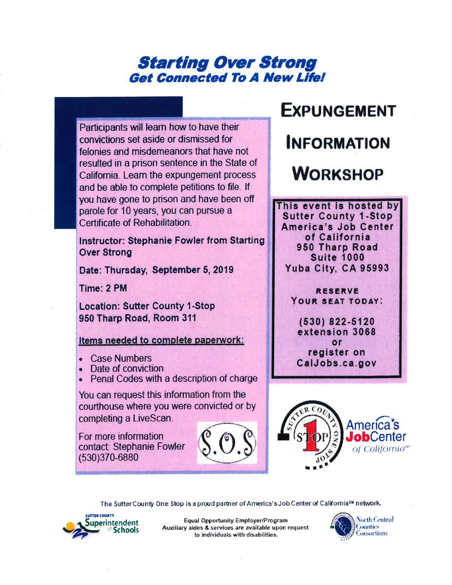Would you like to become more employable? Do you need to learn how to convictions set aside or dismissed? Sign up for this workshop to learn about the expungement process.