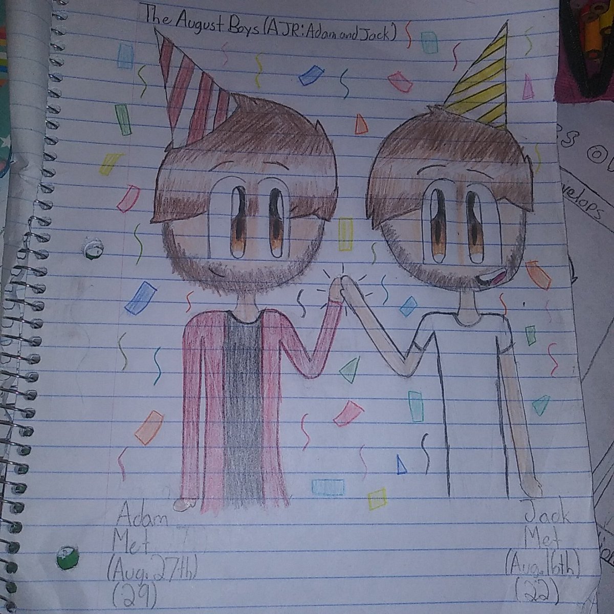YourOneOilBoi's tweet photo. I made a simple drawing for Adam and Jack from AJR for their birthdays since they're both in August. (Today's Adam's birthday actually)(Please don't make fun of it. I tried.) https://t.co/CszpBA2iyt