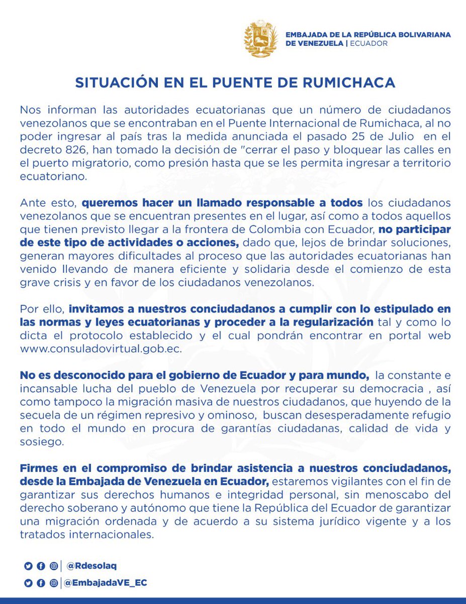EmbajadaVE_EC's tweet photo. ⚠ COMUNICADO OFICIAL ⚠

Sobre la situación presentada en el Puente Internacional de #Rumichaca 🇪🇨 con nuestros hermanos venezolanos 🇻🇪 en la frontera.

#EmbajdaVE_EC https://t.co/F23gzikYNM