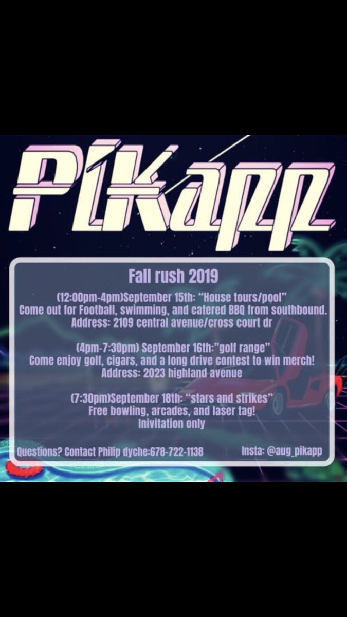 Here is our rush schedule for this fall! 

Don’t forget to attend Mandatory IFC Open House on September 11th.

#AUGPiKapp #AugustaIFC #IFC