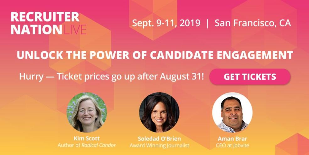 Only a couple days left until ticket prices for 
@Jobvite 's  Recruiter Nation Live go up! Get yours today, and we'll see you in San Francisco on September 9-11. 🙌 Register now: buff.ly/31tjOAC