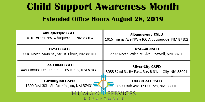NM_HCA's tweet photo. Eight Child Support Enforcement Division offices across the state
will be open until 7 p.m. tomorrow. #NMHSD #ChildSupportAwareness https://t.co/5HoRJdDfjI