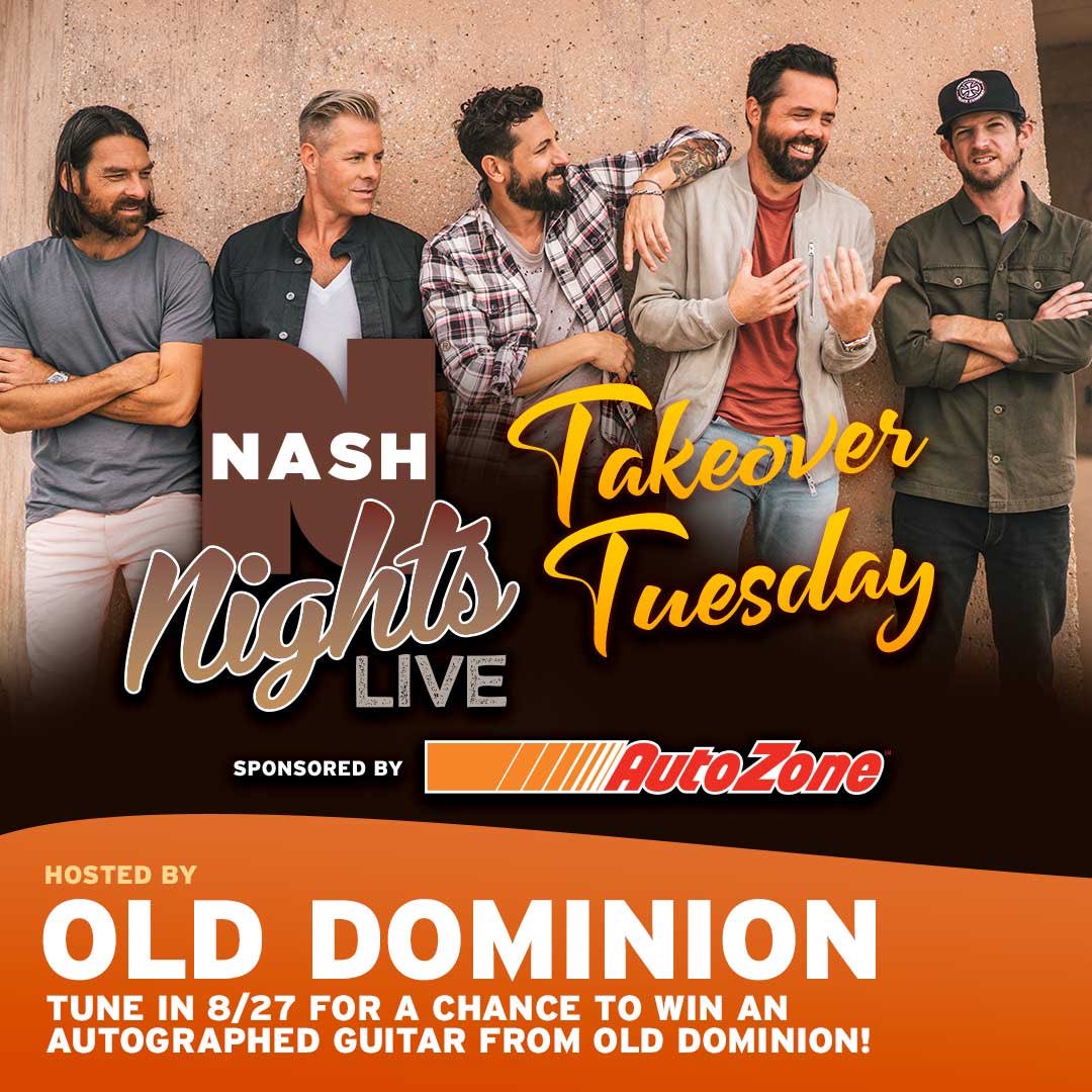 WithElaina's tweet photo. Make sure you’re joining us tonight as @OldDominion takes over our 8 o’clock hour! You could be the winner of an autographed guitar from the guys... #TakeOverTuesday #KickSomeNash https://t.co/w9U76qOJWs
