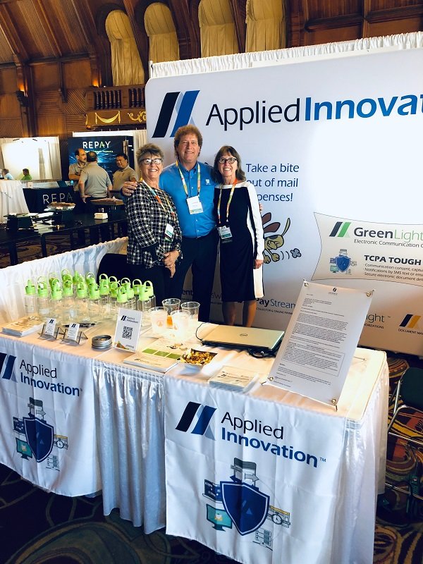 ACAIntl's tweet photo. Making connections at @ontariosystems #PowerUp2K19: ACA's Harry Strausser III visits with Marian Riso and Michelle Jeffers @appliedinnovinc and Mary McDaniel @compumailinc #HelpingMembersSucceed #ACA80Years https://t.co/RhwnZCR0o8