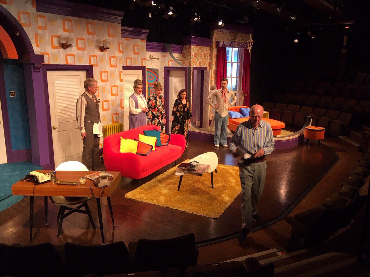 TheRayCooney's tweet photo. Not long until rehearsals begin for #RunForYourWife @MillAtSonning Here’s a look back at a rehearsal from last year’s production of #MoveOverMrsMarkham @finty_williams @JudyBuxton7 @delmethomas #LizElvin #MarkCurry https://t.co/yGZ82Nj4f1