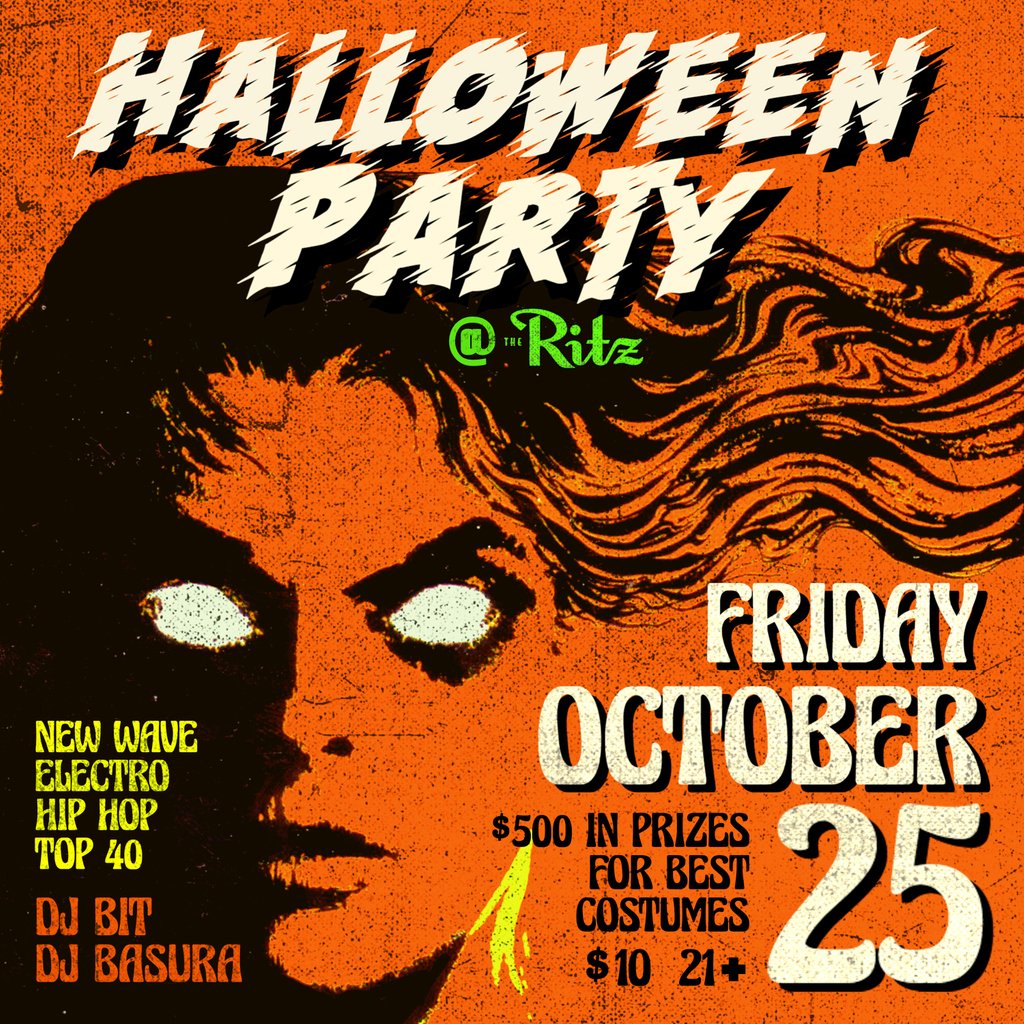 TheRitzSJ's tweet photo. 🎃  THE RITZ HALLOWEEN PARTY 🎃 
             with DJ Bit and Basura!
.
Friday // 10.25.19 // 8PM // 21+
🎫 https://t.co/mj92KqxD9D 🎫
.
#halloweenparty #djbit #djbasura @djbasura #deadmall #hiphop #newwave #electro #danceparty #halloween #halloweensanjose #costumeparty https://t.co/kEL1AHefiC