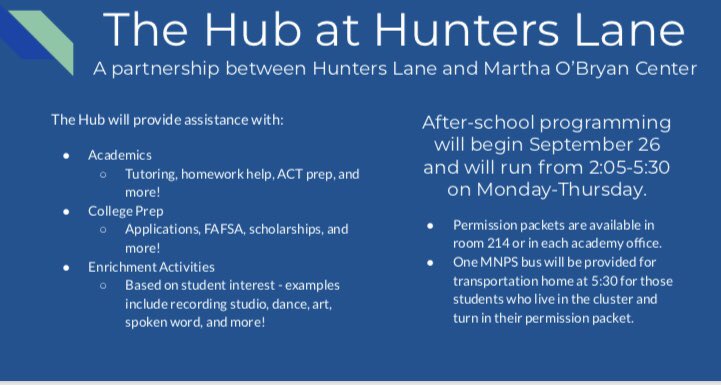 The Hub is our newest wonderful thing at Hunters Lane! This academic student union will offer after school programming beginning at the end of September. <a href="/MarthaOBryanCtr/">The Martha O'Bryan Center</a> <a href="/MetroSchools/">Metro Schools</a> @adamyockey