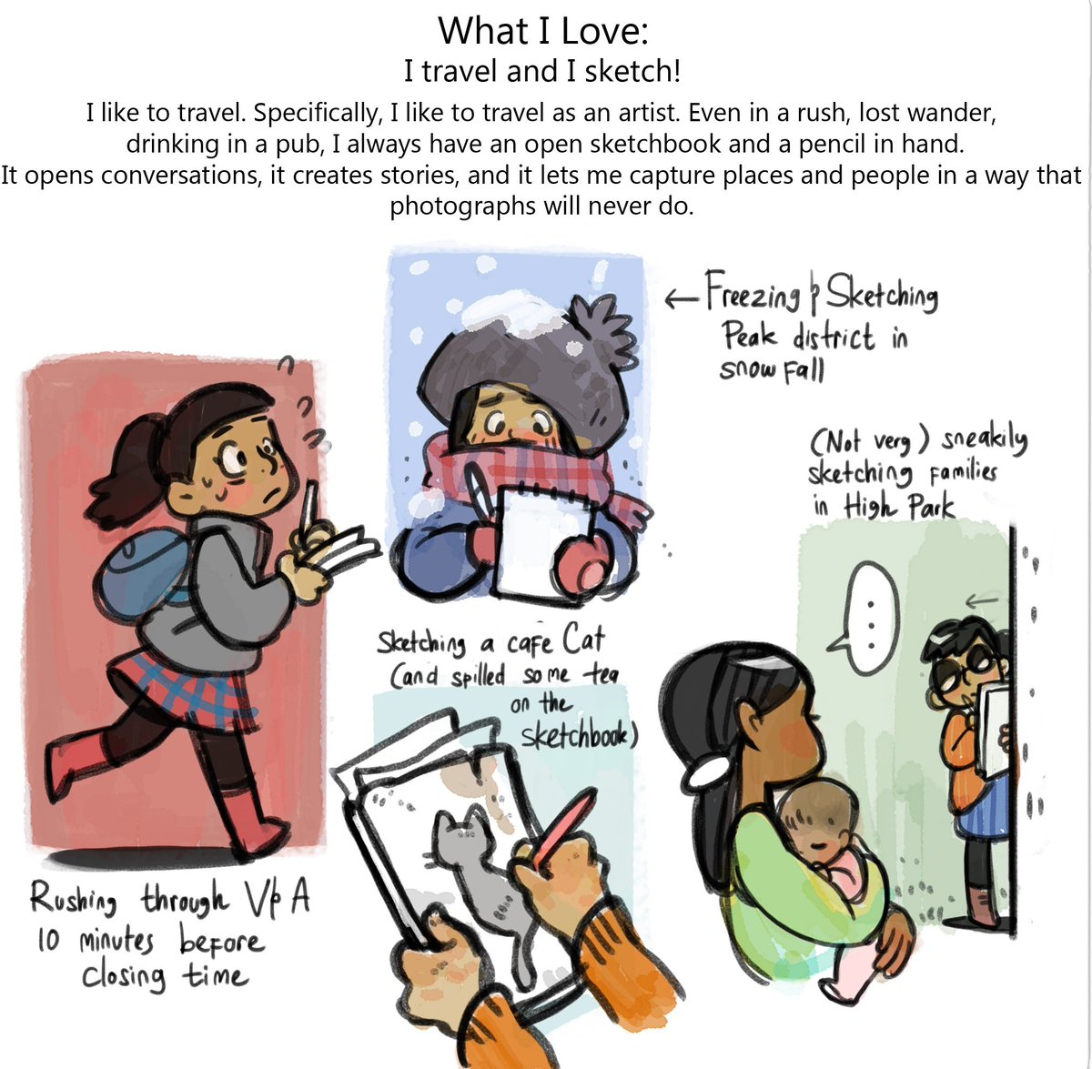 Hi. I'm Jessie! Designer/rigger/animator/game artist. I haven't done too much finished work lately so here's some snippets from a little project proposal comic I made recently! #VisibleWomen 