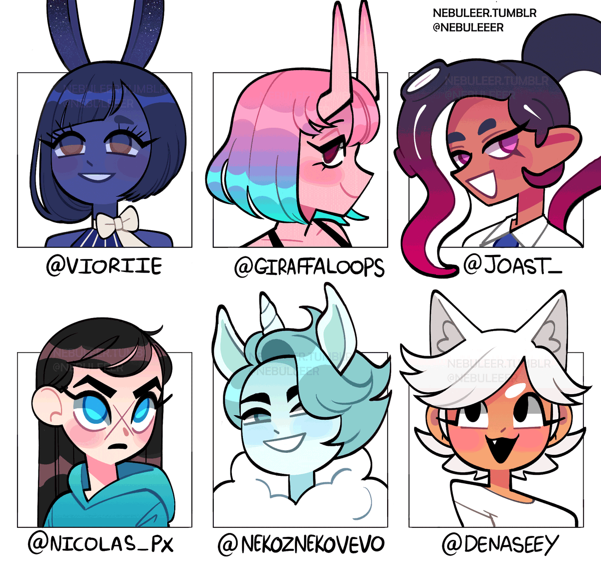 wanted to draw the ocs of some artists ive admired!! theyre all amazing so please check them out! (';ω;`) 