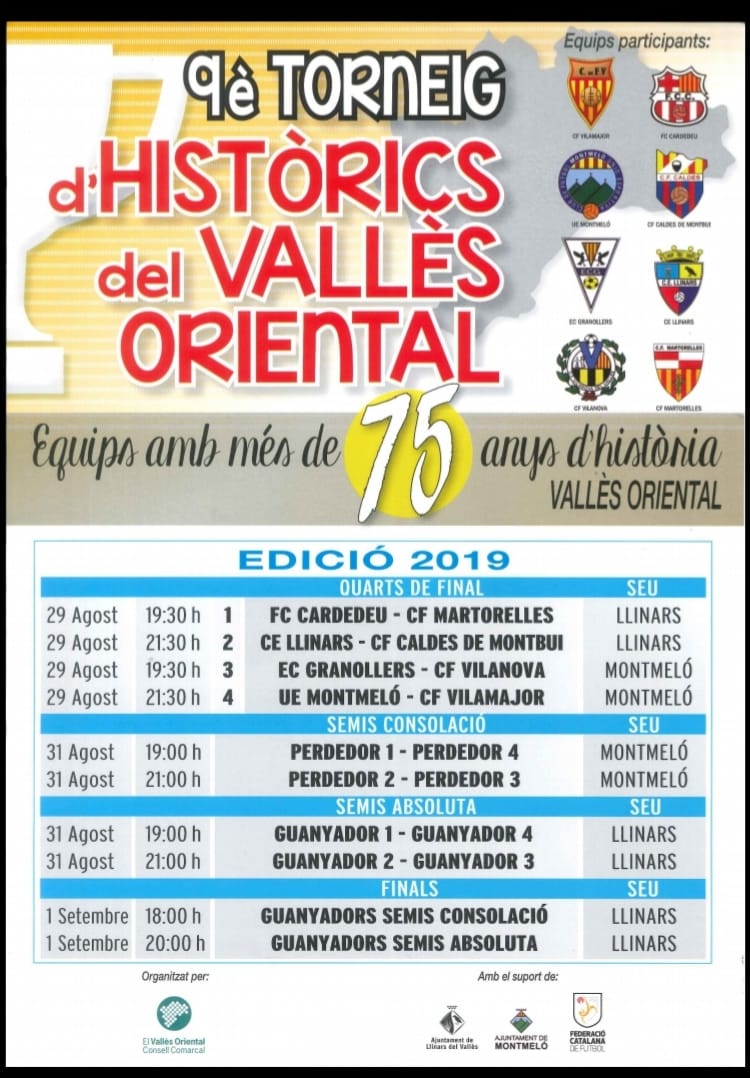 9è Torneig d'Històrics del Vallès Oriental.
Aquest any som subseu del Torneig d'Histórics de la comarca.
Us esperem a tots!!!
<a href="/ajmontmelo/">Ajuntament Montmeló</a>