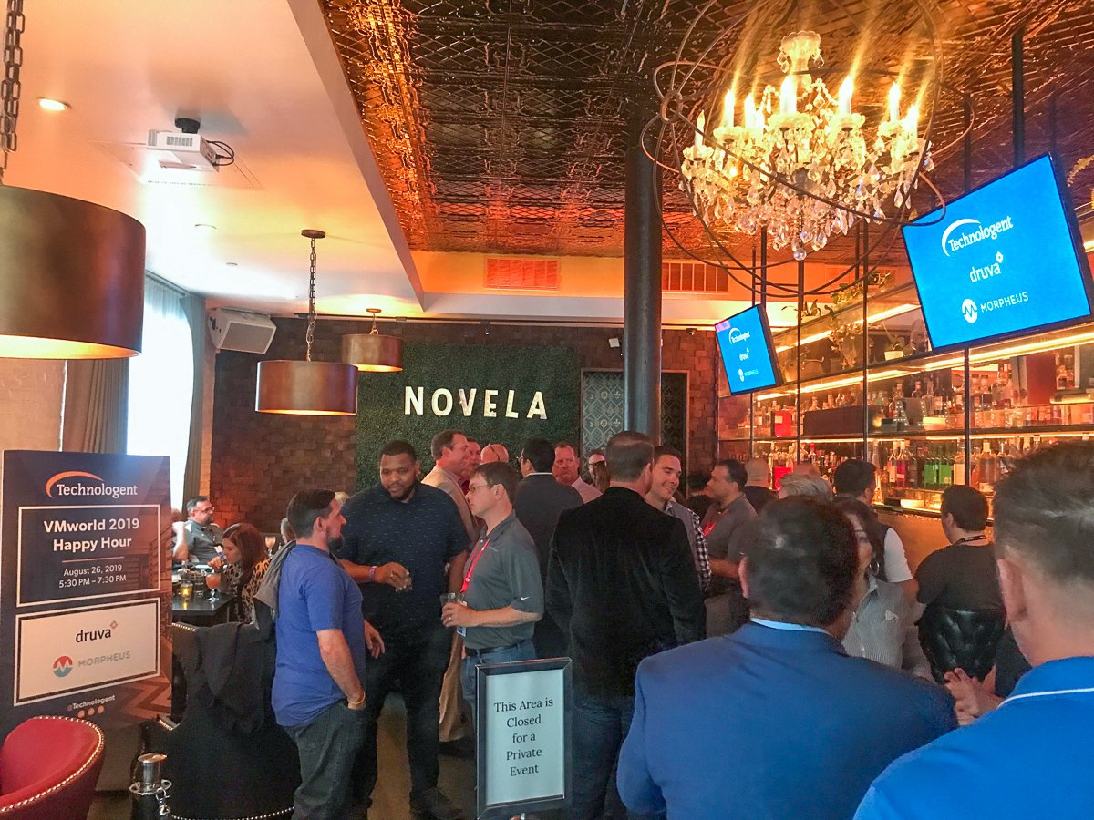 Technologent's tweet photo. VMworld always brings out the best! What a great time at @NovelaBarSF last night with our friends and colleagues.
#VMworld #VMworld2019 #NovelaSF #MorpheusData #Druva @MorpheusData @druvainc https://t.co/6HZFBXozgJ