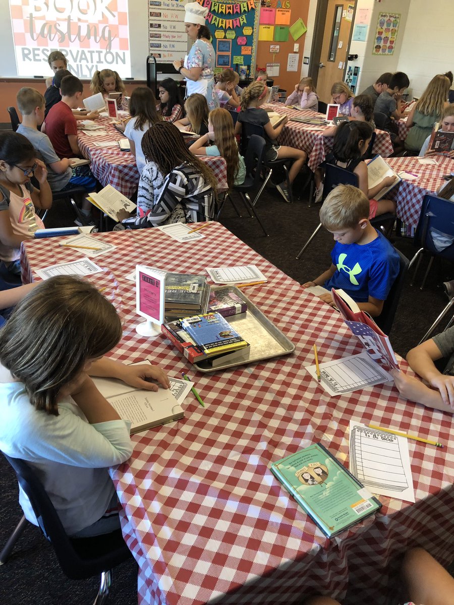 MissMeuser16's tweet photo. Book Tasting today! We “tasted” many genres and added lots of great books to our “To Go Orders” #WeLoveBooks #PVPride https://t.co/SfzlrJWvnx