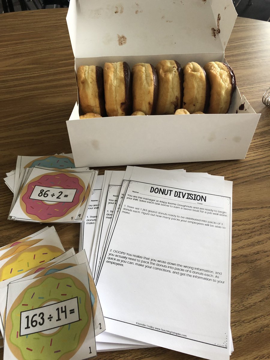 MissBonner4's tweet photo. Another great year of donut division! Love how my 5th graders were so determined to get the correct quotient for each problem so they could eat their donut! https://t.co/AkQ08zOLU9