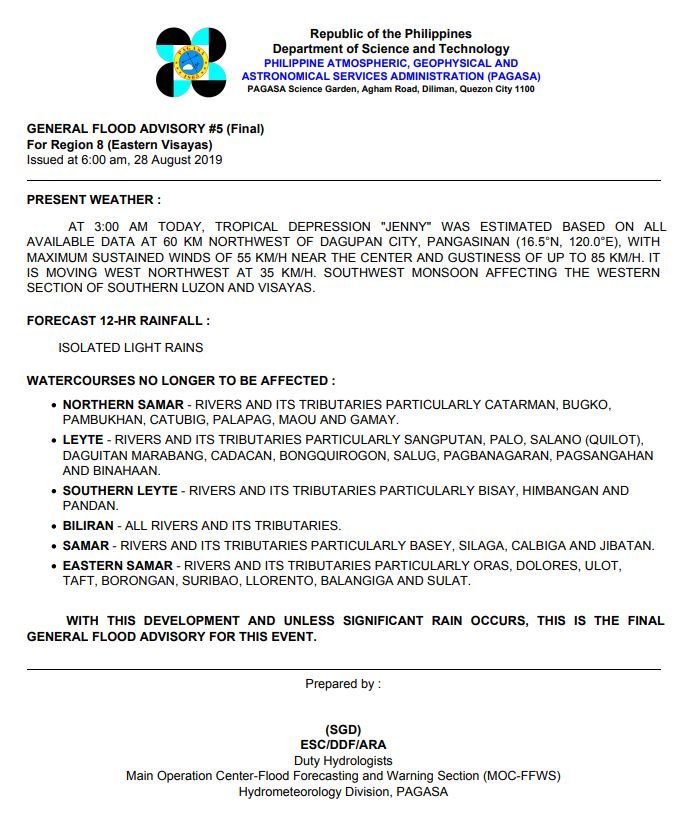 dost_pagasa's tweet photo. General Flood Advisory (GFA)
Issued at 6AM, 28 August 2019
Region 4A(CALABARZON) - GFA #4Final
Region 4B (MIMAROPA) - GFA #2
Region 5 (Bicol Region) - GFA #5Final
Region 8 (Eastern Visayas) - GFA #5Final https://t.co/FPOUR0l2fZ