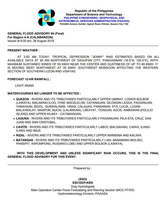 dost_pagasa's tweet photo. General Flood Advisory (GFA)
Issued at 6AM, 28 August 2019
Region 4A(CALABARZON) - GFA #4Final
Region 4B (MIMAROPA) - GFA #2
Region 5 (Bicol Region) - GFA #5Final
Region 8 (Eastern Visayas) - GFA #5Final https://t.co/FPOUR0l2fZ