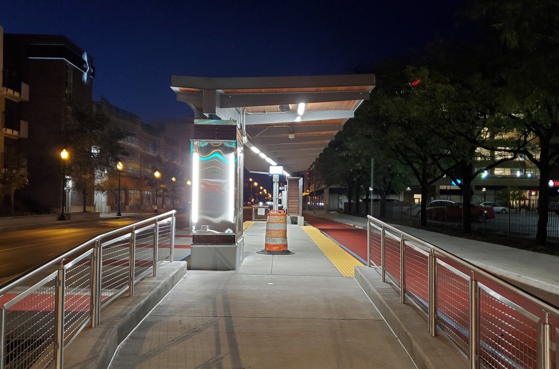 IndyGoBus's tweet photo. The #RedLine at night! What a beautiful sight. 😍 https://t.co/eNwHQqnoXY