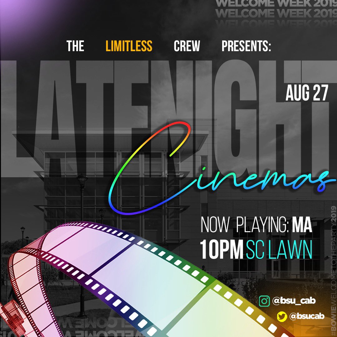 bsucab's tweet photo. Bowie, welcome to the cinema! π You bring the snacks and a blanket, weβve got the movie. Meet us out on the SC Lawn for a special outdoor viewing of 2019 Hollywood thriller, Ma. πΏπ Movie starts at 10! #LIMITLESSCAB #BOWIEWelcomeToTheParty π https://t.co/6ZzMEc8nu5