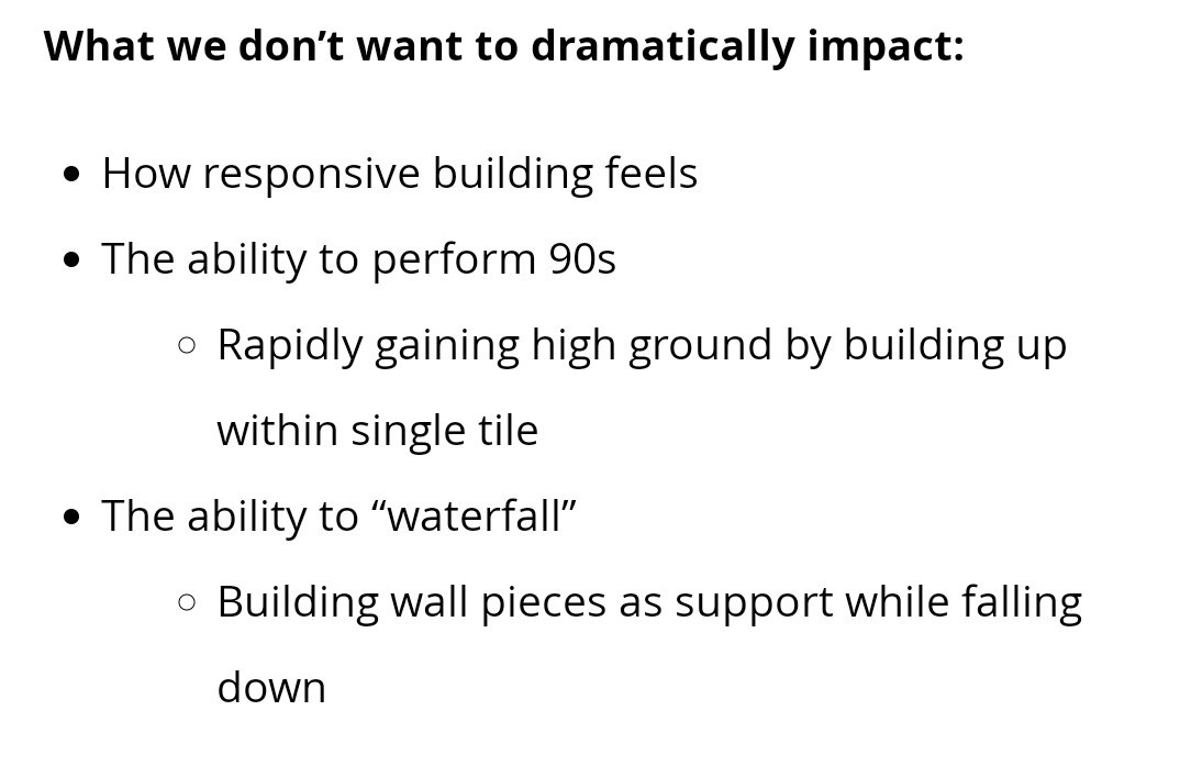 Ballatw's tweet image. This list of 2 build techniques that you dont want to impact is telling.

I still don't think you realize what a beautiful, deep game you have made.

This should be 1000s of techniques and concepts that the community has created. All gone with this change. We LOVE building.