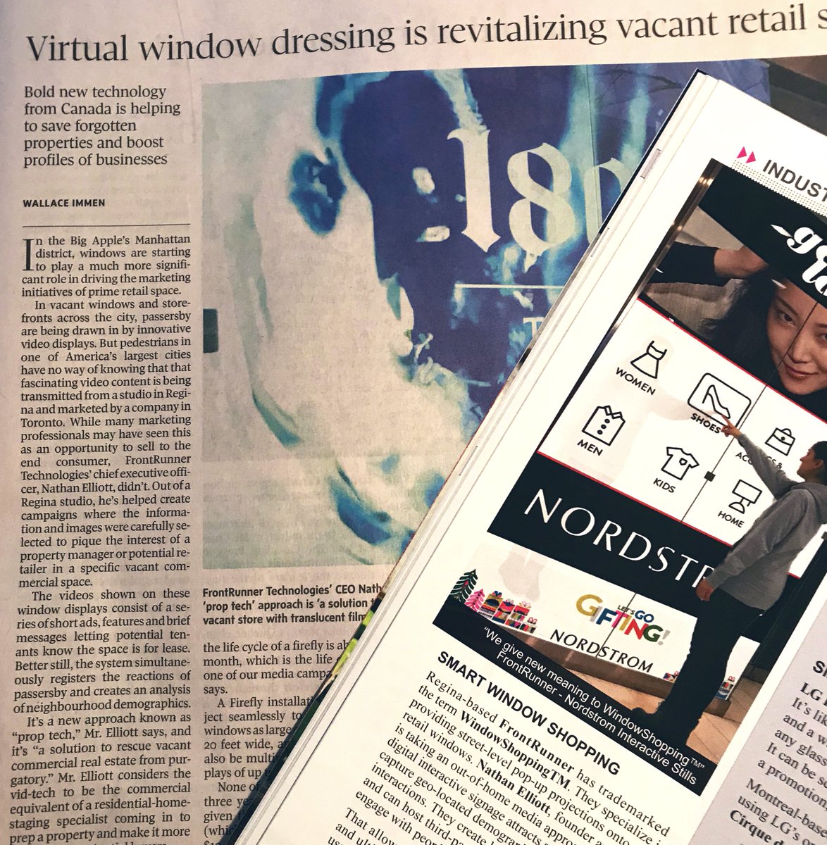 KirstenMogg's tweet photo. Wondering what to do with #vacant #storefronts? Today’s article by @Wallace_Immen explains the #proptech behind #FrontrunnerTechnologies window dressing. Another opportunity is a 24/7 dynamic screen for #retailers See #TrendsMagazine https://t.co/03SKj26SMO https://t.co/ejGmioSfWr