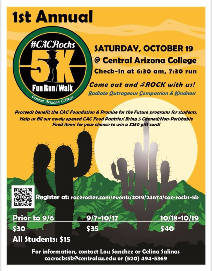 CACadmissions's tweet photo. In celebration of our 50th Anniversary, CAC will be hosting our first annual #CACRocks 5k Fun Run & Walk on Saturday, October 19, 2019 at the Signal Peak Campus. Get out and #ROCK with us for a great cause!🤠🏅👟🏃♀️🏃♂️💨💨
Register here today: https://t.co/qNFTeTfwj8 https://t.co/pBgoqZP2aw