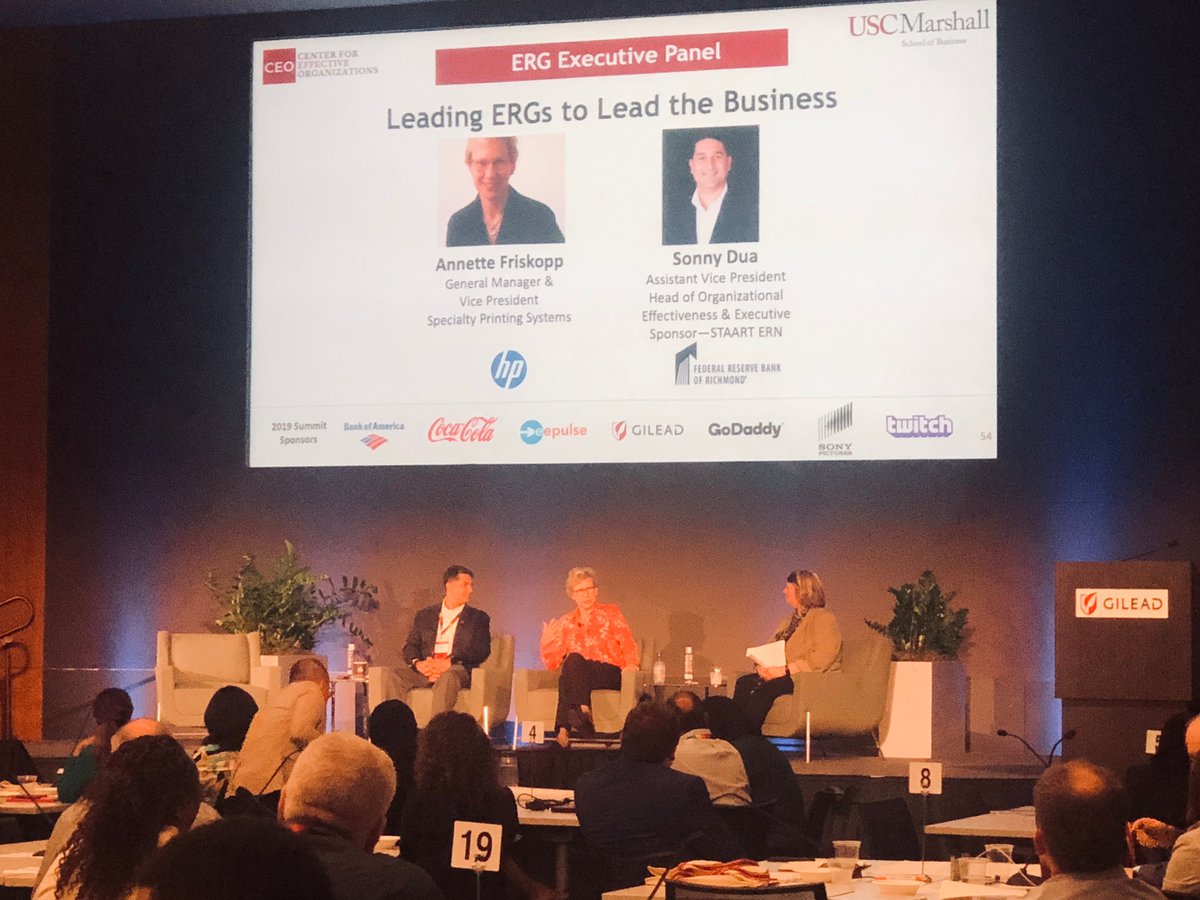 CEOusc's tweet photo. Inspiring, impactful talk on "Leading ERG's to Lead the Business as Exec Sponsors @AnnetteFriskopp GM & VP @HP and author of "Straight Jobs Gay Lives, Sonny Dua, Head of Organizational Readiness, & @TheresaWelbourn @federalreserve #ERG2019 Leadership Summit @USCMarshall https://t.co/ck4XVAlbz9