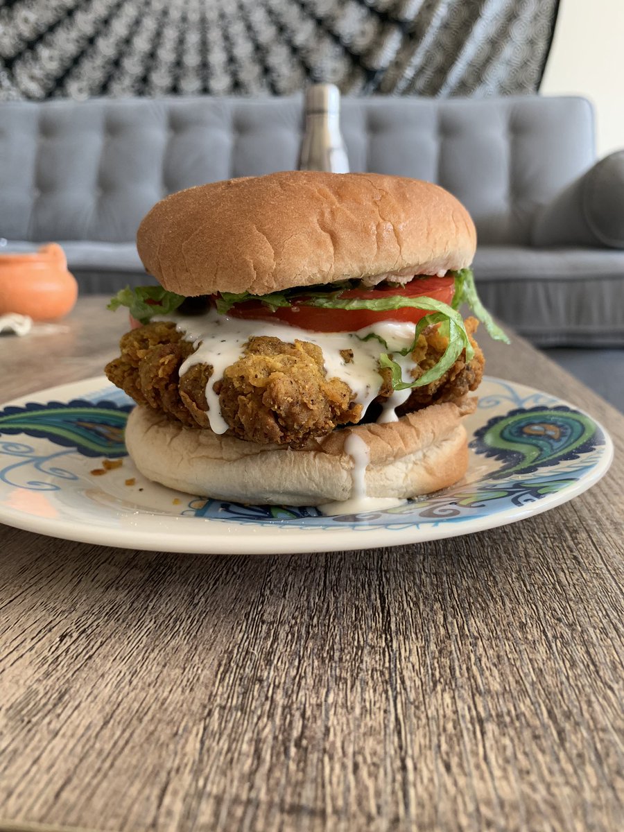 Spicy noChikn sandwich with homemade ranch and sweet potato fries