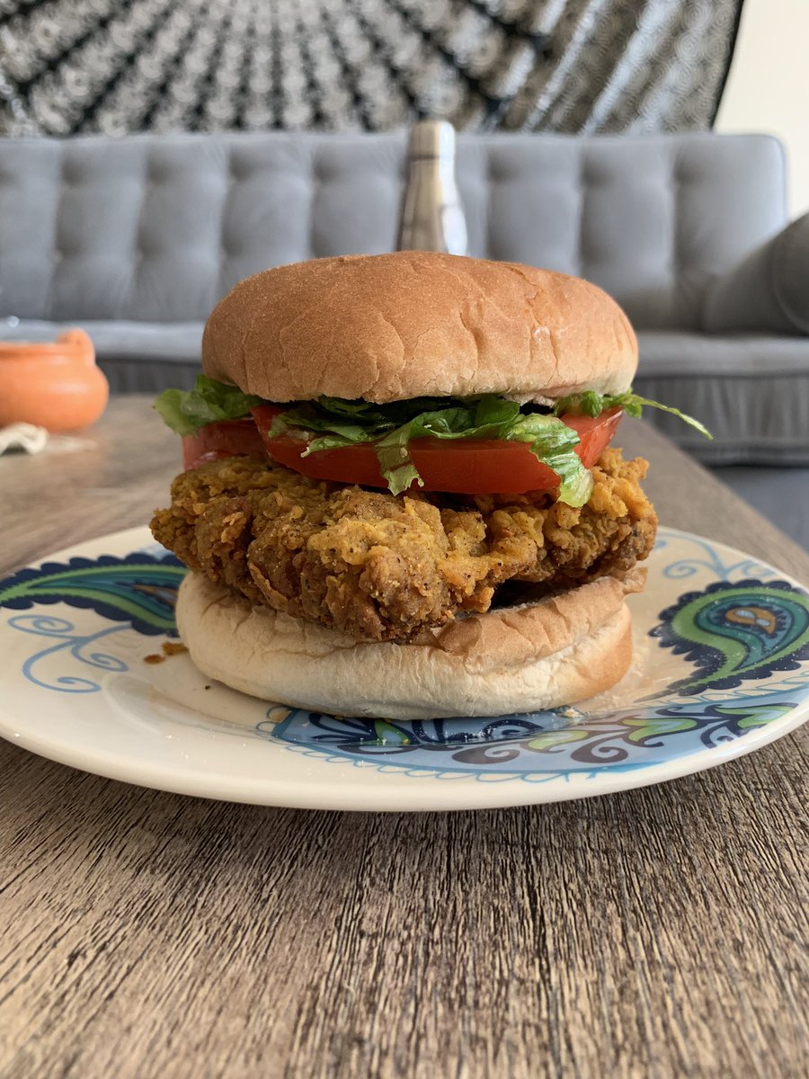 Spicy noChikn sandwich with homemade ranch and sweet potato fries